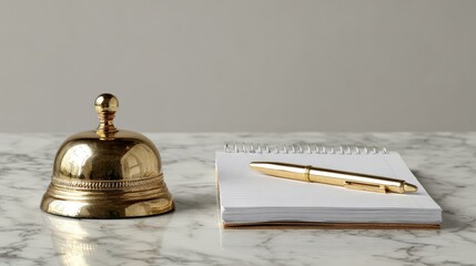 Poster - Elegant gold bell with a pen and notepad on a marble surface, representing customer service, hospitality, and elegant communication in modern settings