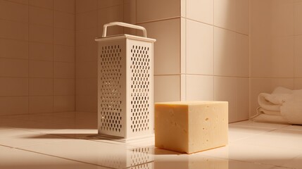 Poster - Freshly Cut Cheese Block and Grater in a Modern Bathroom Setting with Soft Natural Light Creating an Inviting Culinary Atmosphere