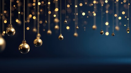 Poster - Elegant golden ornaments hang gracefully on delicate strings, surrounded by a soft bokeh background, creating a festive atmosphere perfect for holiday celebrations and decorations.