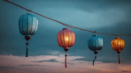 Fototapete - Colorful Lanterns Hanging Against a Dramatic Sky at Dusk, Illuminated Softly, Creating a Magical Atmosphere for Outdoor Celebrations and Cultural Festivals