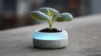Poster - Modern Plant Pot with LED Accent Light Showcasing a Young Leafy Plant in Concrete and Soft Blue Glow for Contemporary Home Decor and Indoor Gardening