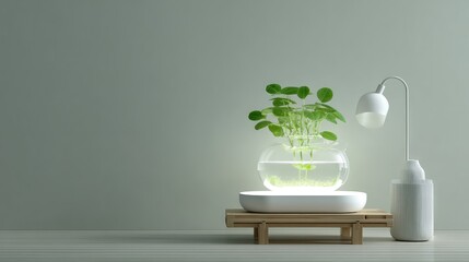 Poster - Elegant Indoor Plant Display in a Modern Setting with Glass Bowl and Stylish Lamp Highlighting Greenery Against a Soft Gray Wall Background