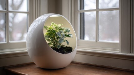 Poster - Elegant Indoor Plant in Modern White Planter Nestled by Bright Windows Illuminating Green Leaves and Fresh Soil in a Cozy Home Environment