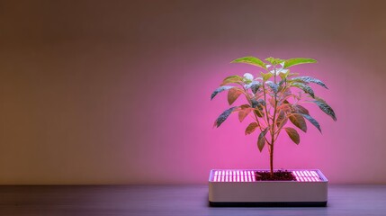 Poster - Indoor Plant Growing Under LED Light, Modern Home Gardening with Hydroponics System, Sustainable Urban Agriculture with Technology and Nature Combined