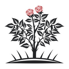 Poster - Stylized Rose Bush Illustration: Dark Monochrome Silhouette of Two Blooming Roses on a Branchy Plant, Isolated on White Background for Print, Design, or Decoration.