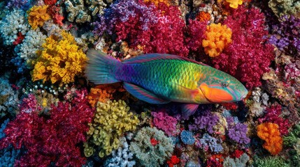 Poster - Vibrant Underwater Scene with Colorful Coral Reefs and Tropical Fish Captured in Crystal Clear Ocean Water for Marine Life Education and Conservation
