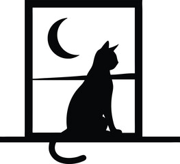 Poster - Black Cat Silhouette at Window - Night Scene: Feline Observes Crescent Moon Outside, Simple Minimalist Vector Graphic with Clean Lines.               