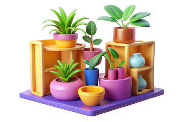 Plant display isolated on transparent background, featuring potted plants and vases on shelves, for decoration and design use.