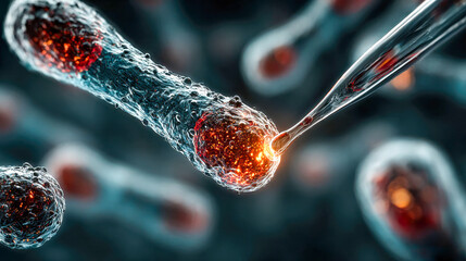 Poster - A glowing pipette introduces a vibrant substance into a translucent cell under extreme magnification, representing advanced biotechnology or genetic research