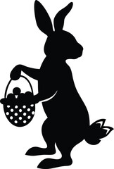 Poster - Easter Bunny Silhouette: Rabbit with Egg Basket in Black and White for Seasonal Graphics, Holiday Decorations, and Spring Designs.                    