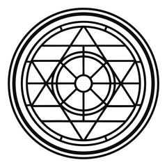 Poster - Geometric Sacred Symbol: Intricate Black and White Mandala Design with Circle, Triangle, and Wheel Elements for Esoteric Art and Spirituality         