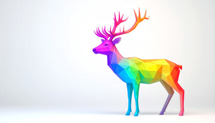 Poster - A colorful, polygonal deer stands against a white background, showcasing a vibrant spectrum of hues and a modern, artistic design