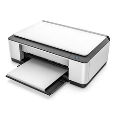 Fototapete - White printer on a desk with paper isolated on white background