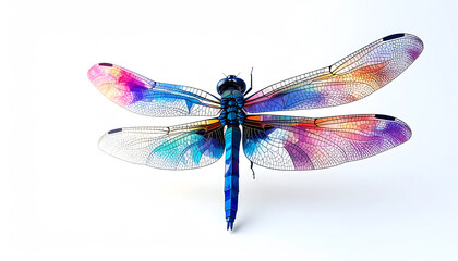 Poster - A colorful, artistic depiction of a dragonfly showcasing intricate wing designs and vibrant hues against a white background