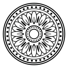 Poster - Monochrome Floral Mandala Illustration: Detailed Vector Image of a Circular Ornament with Stylized Flower Petals and Dot Border, Suitable for Graphic Design Projects.
