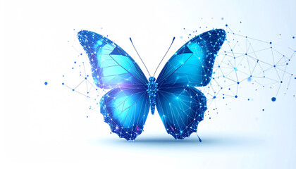 Poster - A digital blue butterfly with a geometric design, showcasing intricate lines and dots against a light background, symbolizing beauty and technology