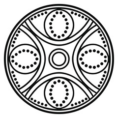 Poster - Abstract Circular Design: Round Geometric Motif with Concentric Rings, Ovals, and Dot Accents in Black and White Line Art for Creative Projects.      