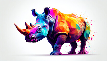 Poster - A vibrant, geometric depiction of a rhinoceros, showcasing a colorful blend of shapes and patterns against a minimalist background