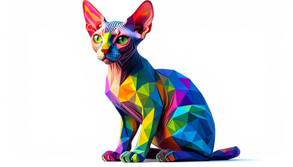 Poster - A colorful, geometric depiction of a cat, showcasing a blend of vibrant shapes and patterns in a unique artistic style