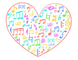 Poster - Heart shape filled with musical icons set. Cute underline symbols charcoal stamp texture and kindergarten color. Colorful music note, lightning and love signs collection. Vector card illustration