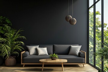 Aufkleber - Stylish modern living room with black wall, wooden sofa, indoor plants, and natural light through large window, perfect for interior design, decor, and furniture ads