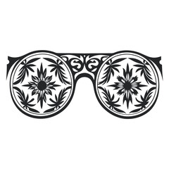Poster - Detailed Vector Art of Ornamental Sunglasses: A Black and White Graphic Design Featuring Cannabis Leaves and Intricate Swirl Patterns, Isolated on a White Background.