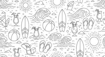 Summer themed line art pattern with surfboards waves suns drinks and beachballs.