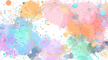 Aufkleber - Colorful pastel paint splatter background with circular frame, featuring splashes of pink, blue, orange, and green. vibrant and artistic design evokes creativity and playfulness
