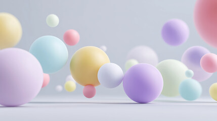 Poster - Pastel spheres float in asymmetrical layout against soft background, creating serene and dreamy atmosphere. gentle colors and smooth textures evoke sense of calm and tranquility