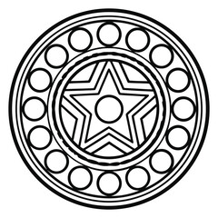 Poster - Stylized Round Emblem with Star and Circle Motif: A Detailed Black and White Vector Illustration for Graphic Design and Creative Applications.        