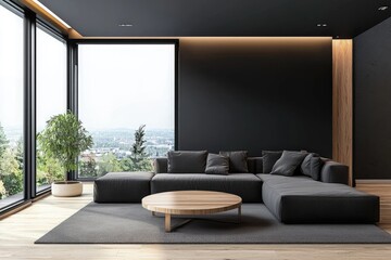 Aufkleber - Modern living room with black feature wall, low-profile sectional sofa, wooden accents, city view, and potted tree, perfect for architecture, lifestyle, and interior design content