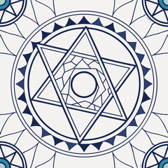 Poster - Abstract geometric blue pattern featuring a peace symbol illustration with circular, star, and spherical decorative elements