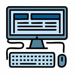Poster - Flat vector illustration of a desktop computer setup with a monitor, keyboard, and mouse.