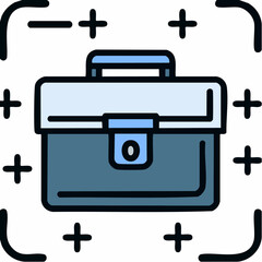 Poster - Simple blue and gray briefcase illustration with plus signs around a square border