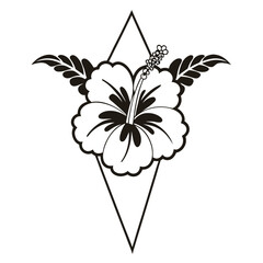 Poster - Detailed Hibiscus Flower Line Art in Diamond Frame: Elegant Botanical Illustration for Design, Tattoo, Print, Decoration on White Background.         