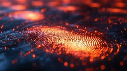 Poster - Fiery Fingerprint: Abstract digital fingerprint glowing with fiery orange and red hues, suggesting concepts of identity, security, and digital world.