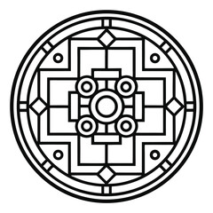 Poster - Intricate Geometric Mandala: A Circular Abstract Design Featuring Symmetrical Lines, Circles, and Diamonds in Detailed Outline Format on a White Background.