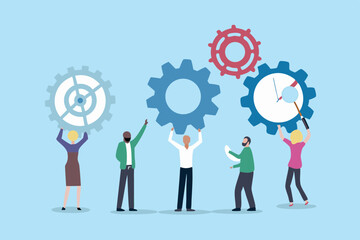 Poster - Diverse Teamwork People Holding Gears Illustrating Collaboration and Problem Solving