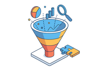 Poster - Colorful marketing funnel graphic illustrating data analysis and optimization strategies for business growth