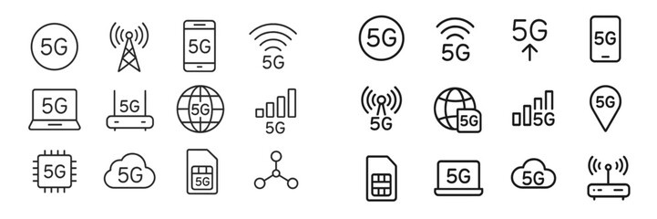 Aufkleber - Icon collection illustrating 5G technology concepts, including devices, connections, and network elements in a modern design