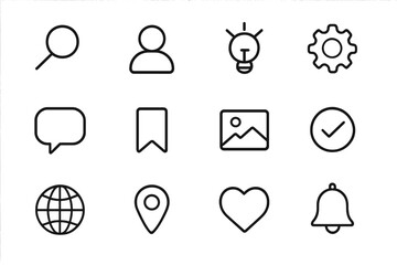 Poster - Icons representing various concepts such as search, user, idea, settings, communication, location, and notifications in a minimalistic style