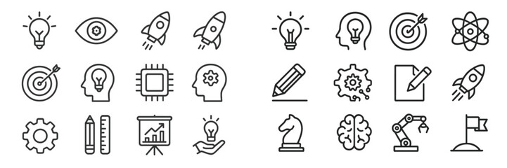 Aufkleber - Creative symbols representing innovation, technology, and idea generation in a minimalist design