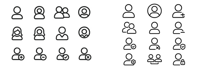 Aufkleber - Collection of simple outline icons representing user profiles, activities, and interactions for digital platforms and applications