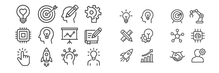 Poster - Creative thinking symbols collection depicting various ideas, innovation, and technology themes in a minimalistic design