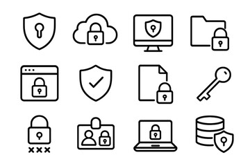 Poster - Simple line icons representing various aspects of online security and data protection in a digital environment