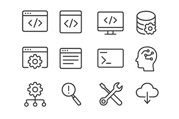 Poster - Collection of coding and technology icons illustrating software development concepts and tools in a digital workspace
