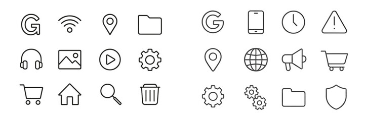 Poster - Collection of minimalist line icons representing technology, navigation, and communication elements for digital applications