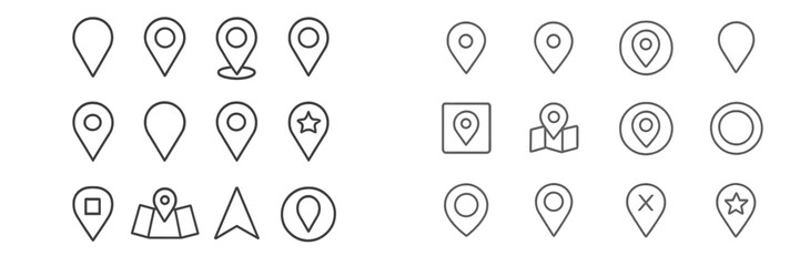 Poster - Collection of various map pins and location icons in simple line art style showcasing different shapes and designs for navigation