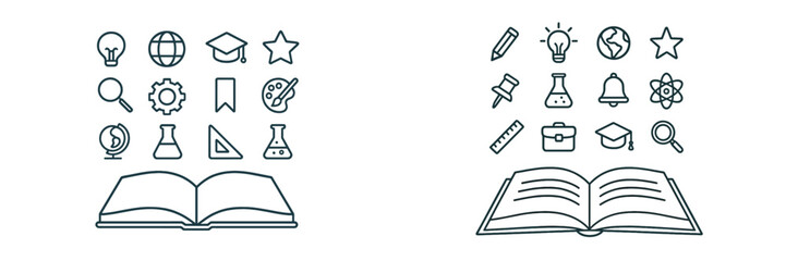 Poster - Various educational symbols and open books representing learning and knowledge in a minimalistic style