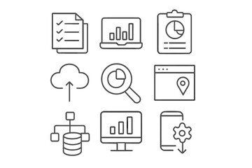 Aufkleber - Digital icons representing data analysis, cloud storage, and software applications in a modern workspace